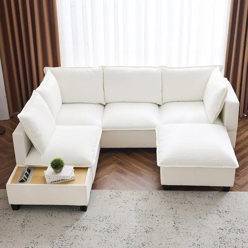 Canapé modulable en U avec ottoman mobile, table basse et chargeurs dissimulés pour salon