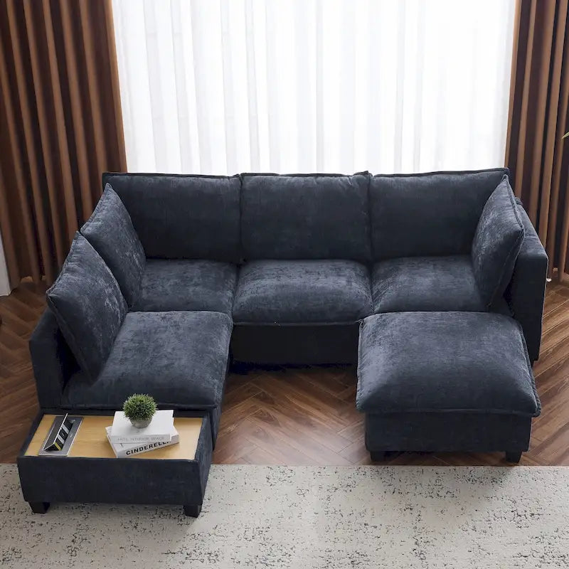 Canapé modulable en U avec ottoman mobile, table basse et chargeurs dissimulés pour salon
