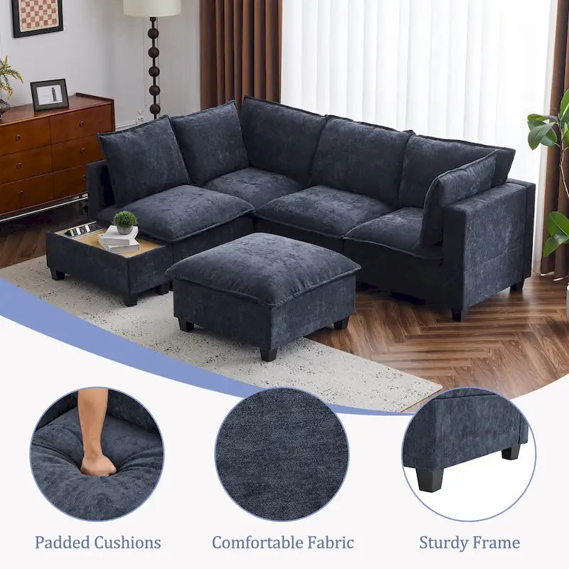 Canapé modulable en U avec ottoman mobile, table basse et chargeurs dissimulés pour salon