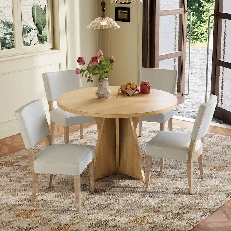 Ensemble de salle à manger en bois 5 pièces, Table et chaises de cuisine, Table ronde avec base en croix et 4 chaises rembourrées