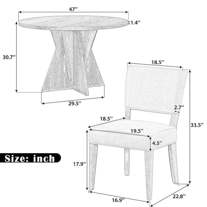 Ensemble de salle à manger en bois 5 pièces, Table et chaises de cuisine, Table ronde avec base en croix et 4 chaises rembourrées