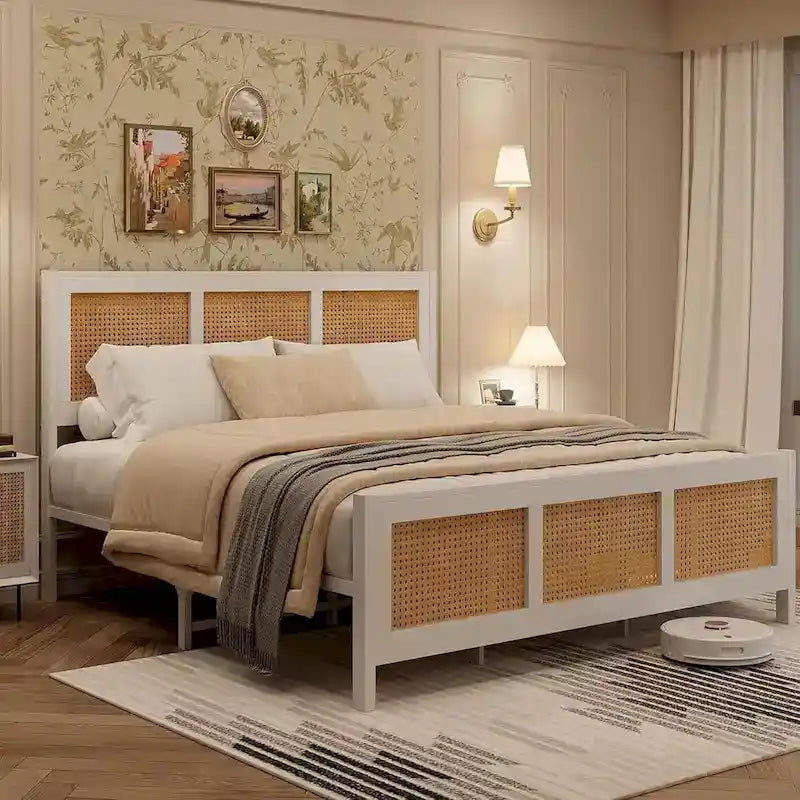 Bohemian Rattan Platform Bed Frame with Strong Metal Slats Support