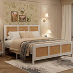 Bohemian Rattan Platform Bed Frame with Strong Metal Slats Support