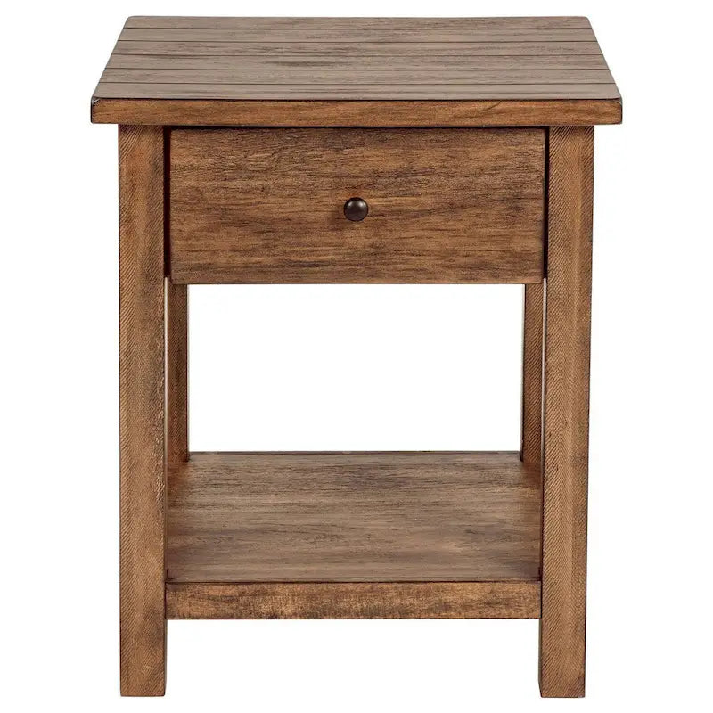 Table d'appoint Ayne, 1 étagère, 1 tiroir, bois marron, carrée 50 cm