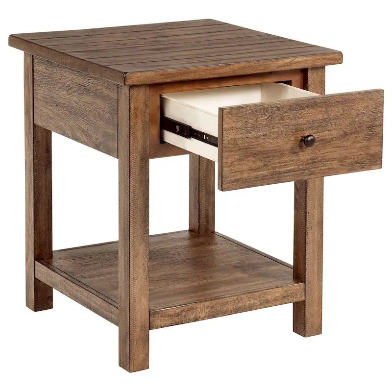Table d'appoint Ayne, 1 étagère, 1 tiroir, bois marron, carrée 50 cm