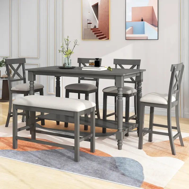 Ensemble de salle à manger en bois gris 6 pièces à hauteur de comptoir avec 4 chaises et un banc