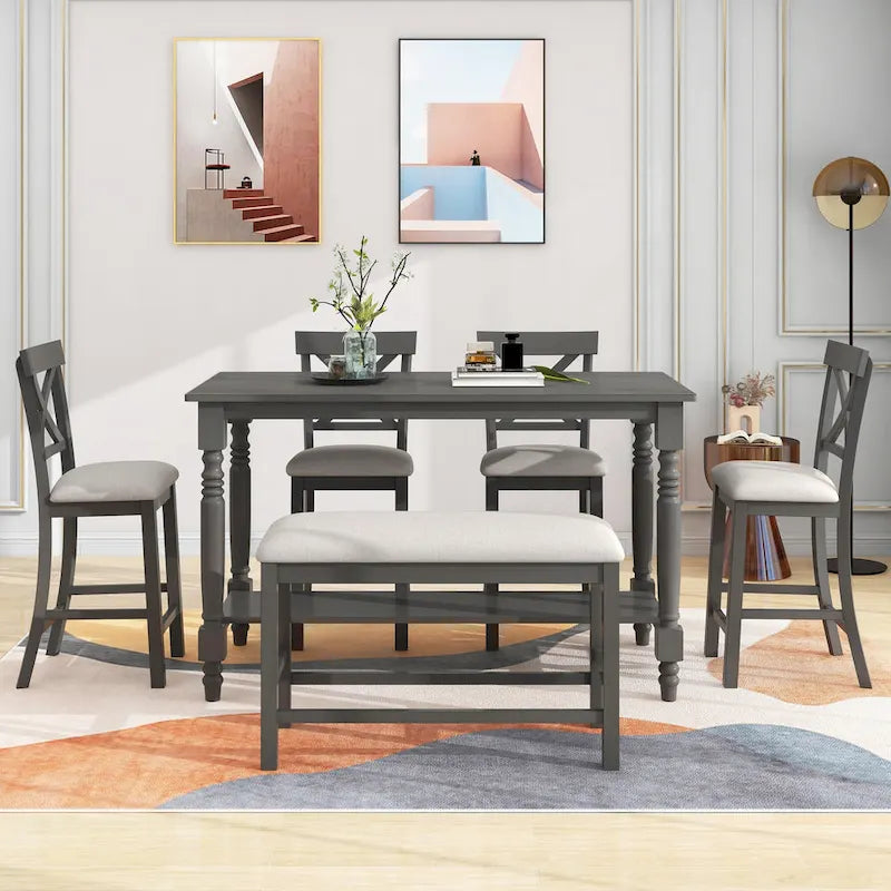 Ensemble de salle à manger en bois gris 6 pièces à hauteur de comptoir avec 4 chaises et un banc