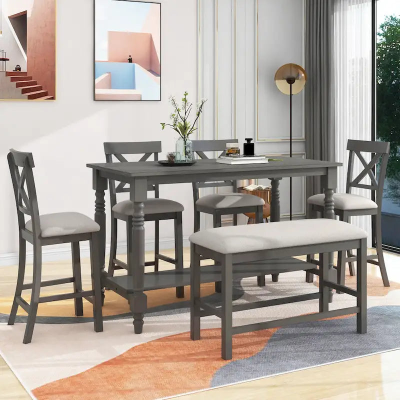 Ensemble de salle à manger en bois gris 6 pièces à hauteur de comptoir avec 4 chaises et un banc