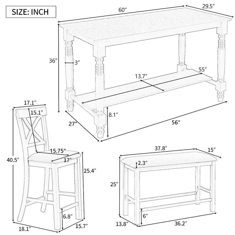 Ensemble de salle à manger en bois gris 6 pièces à hauteur de comptoir avec 4 chaises et un banc