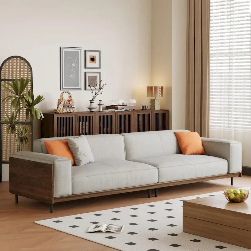 Canapé 4 places Mid-Century Modern, revêtement en coton et lin noyer, housses amovibles et lavables, coussins profonds avec oreillers