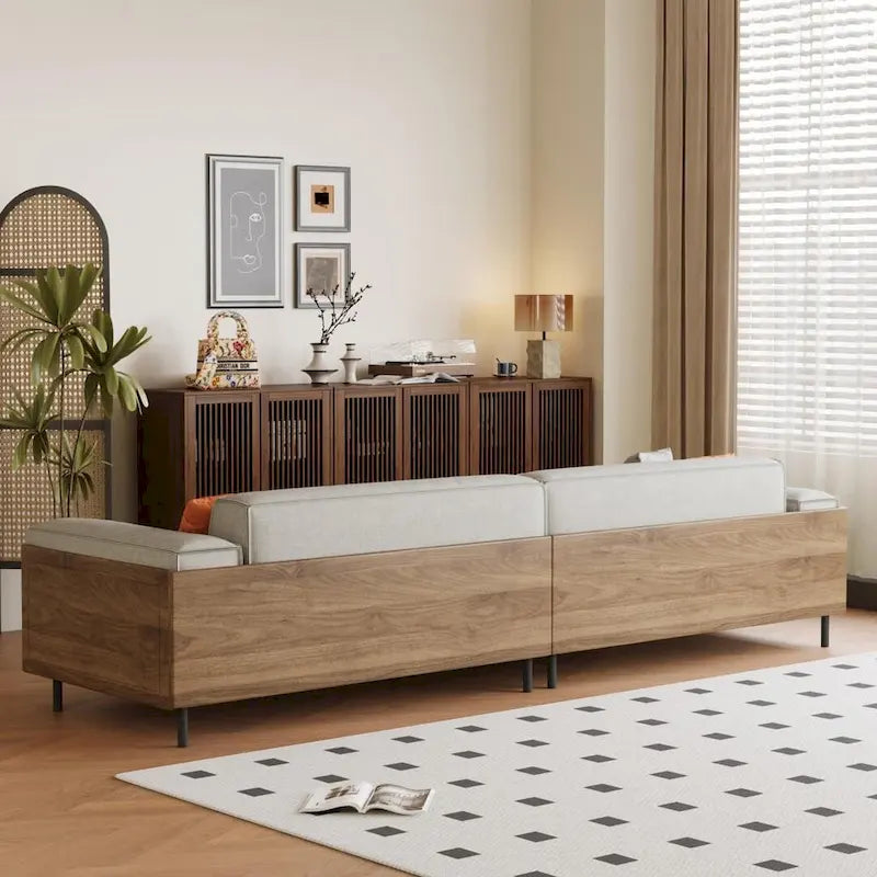 Canapé 4 places Mid-Century Modern, revêtement en coton et lin noyer, housses amovibles et lavables, coussins profonds avec oreillers