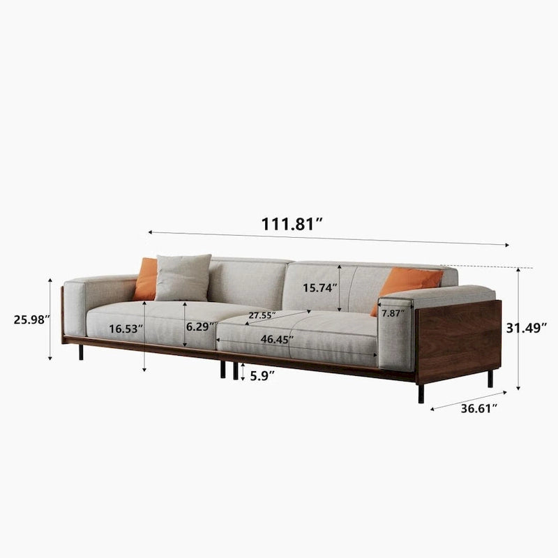 Canapé 4 places Mid-Century Modern, revêtement en coton et lin noyer, housses amovibles et lavables, coussins profonds avec oreillers