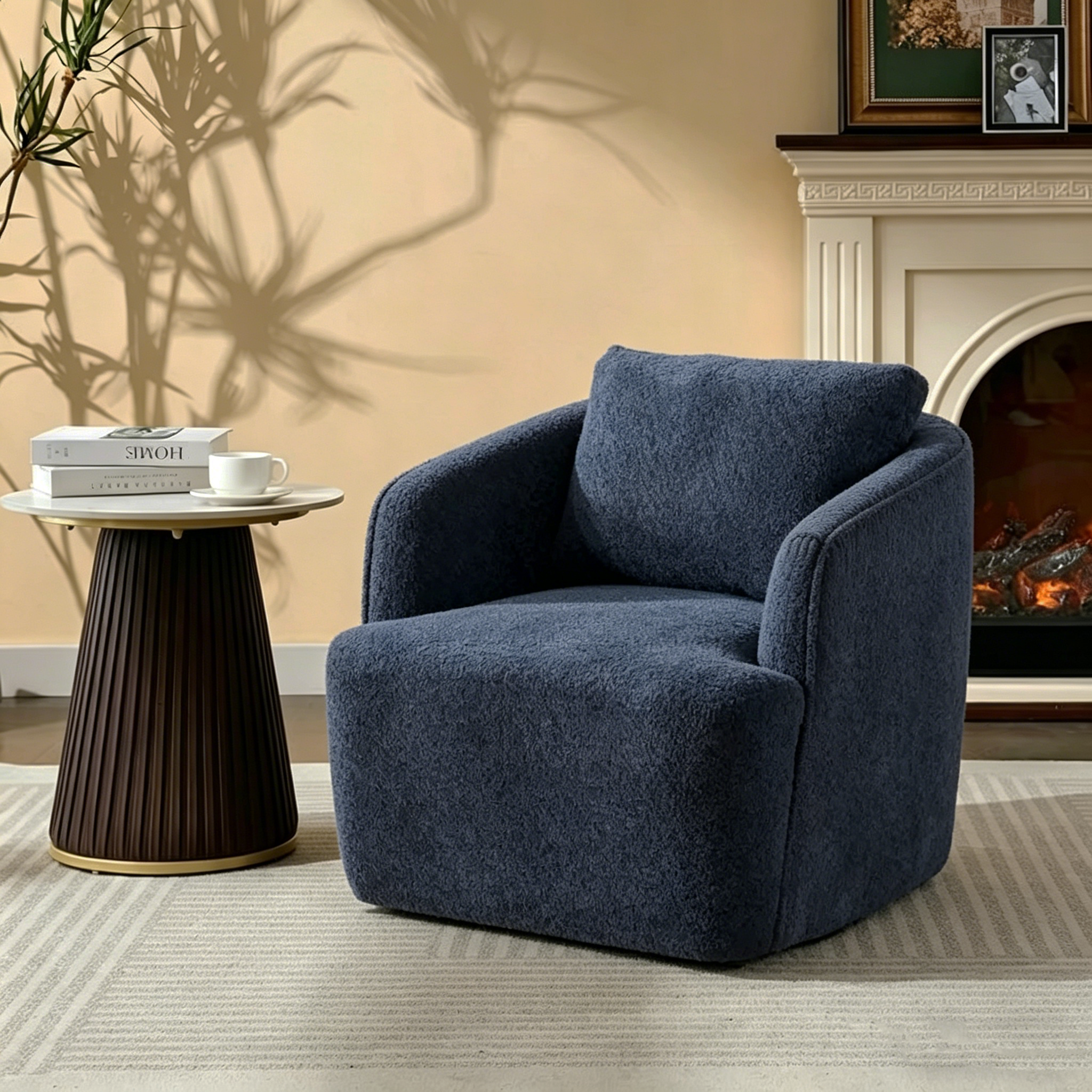 Fauteuil à barillet pivotant rembourré en tissu bouclé avec oreiller