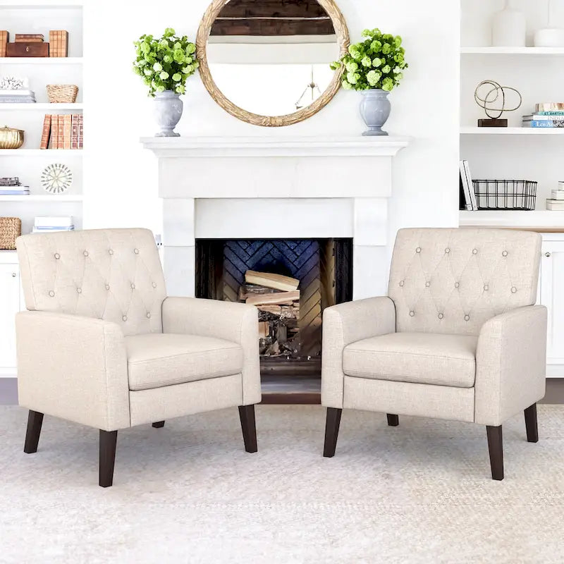 Fauteuil d'appoint capitonné moderne du milieu du siècle avec pieds en lin et noyer (lot de 2) - 33,86 H X 27,95 L X 29,53 P