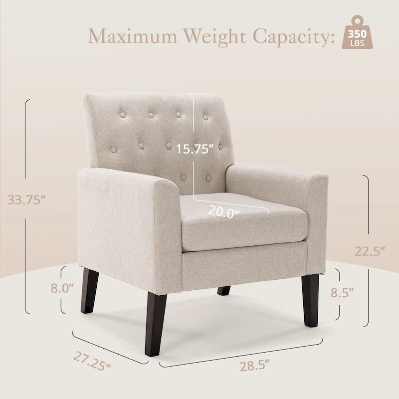 Fauteuil d'appoint capitonné moderne du milieu du siècle avec pieds en lin et noyer (lot de 2) - 33,86 H X 27,95 L X 29,53 P