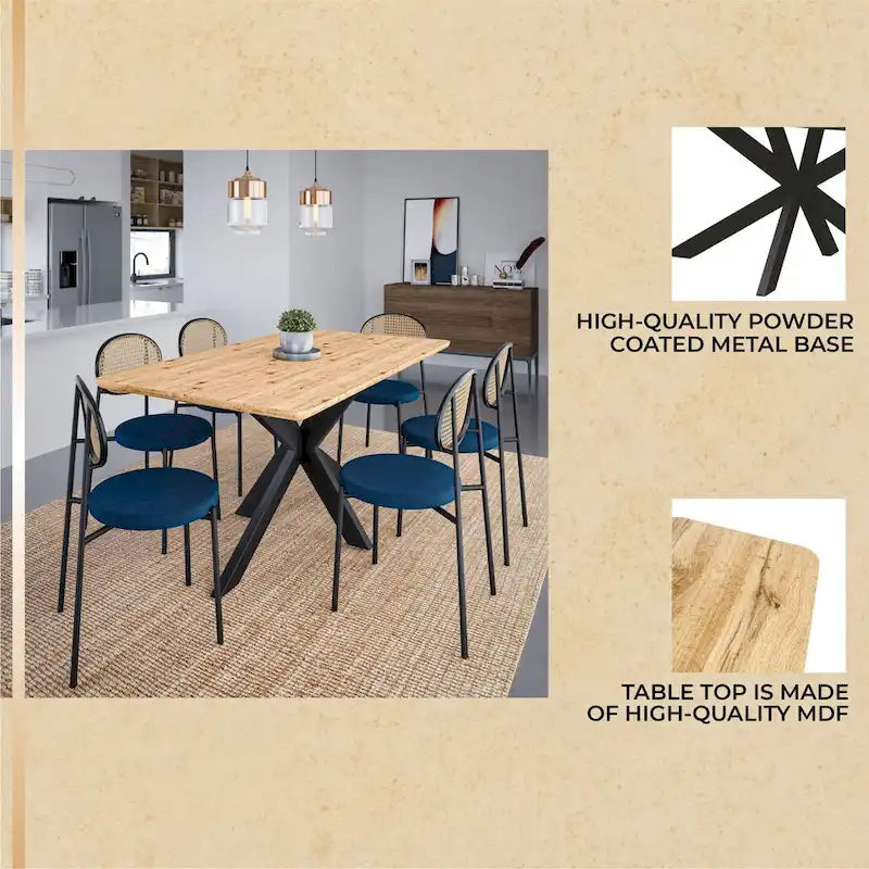 Table à manger rectangulaire de 63 po avec plateau en MDF et piètement géométrique en métal en croix pour cuisine et salle à manger