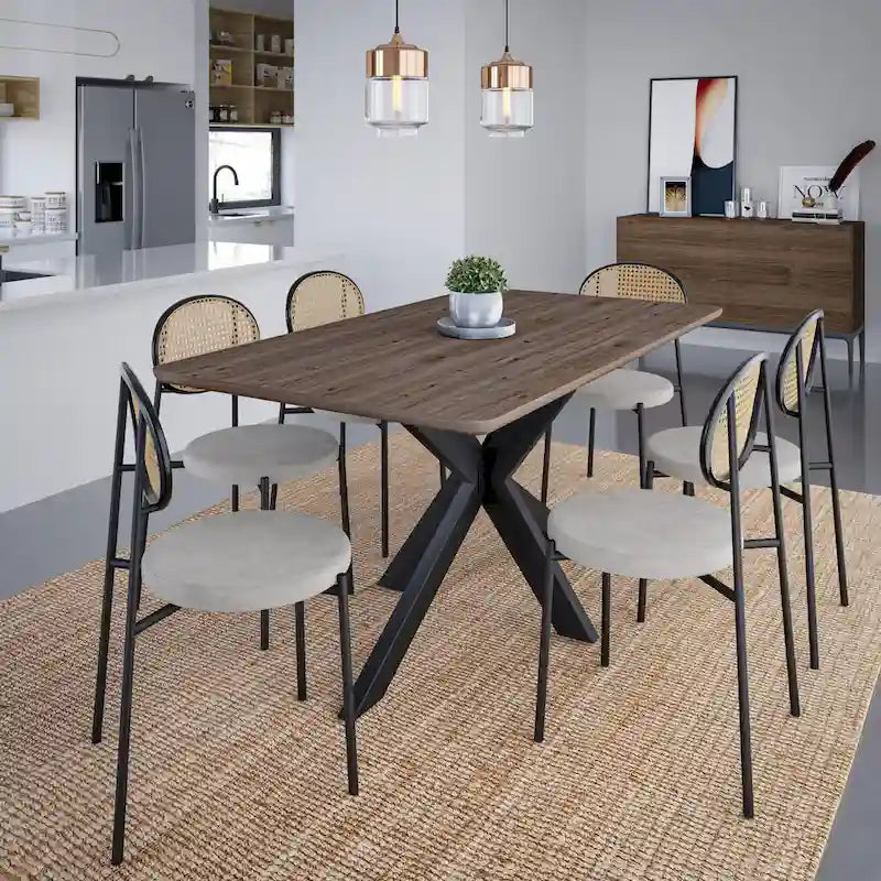 Table à manger rectangulaire de 63 po avec plateau en MDF et piètement géométrique en métal en croix pour cuisine et salle à manger