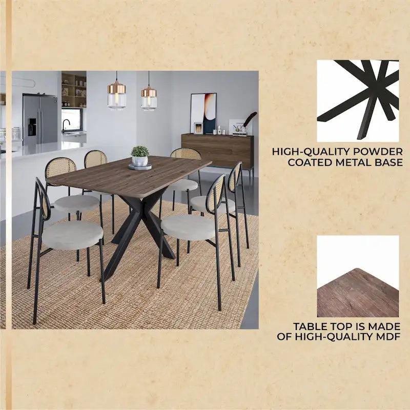 Table à manger rectangulaire de 63 po avec plateau en MDF et piètement géométrique en métal en croix pour cuisine et salle à manger