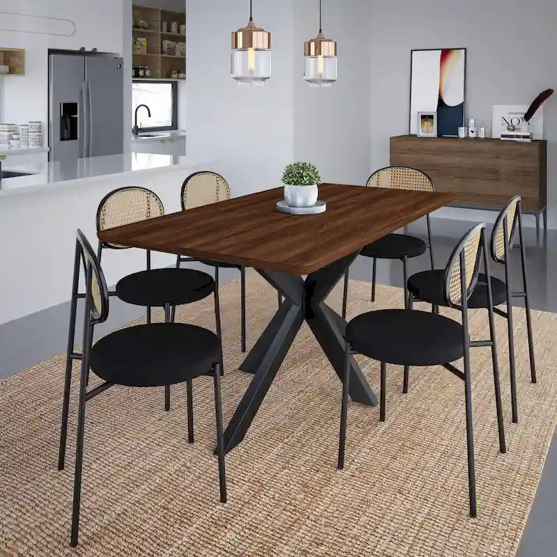 Table à manger rectangulaire de 63 po avec plateau en MDF et piètement géométrique en métal en croix pour cuisine et salle à manger