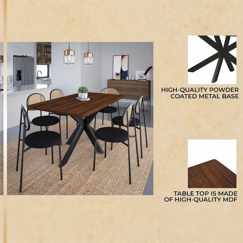 Table à manger rectangulaire de 63 po avec plateau en MDF et piètement géométrique en métal en croix pour cuisine et salle à manger