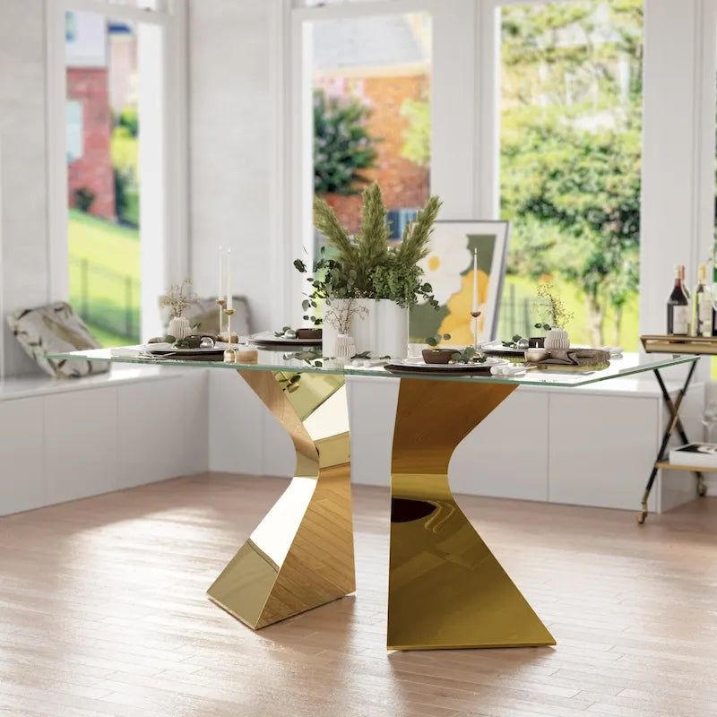 Table de salle à manger en verre de 160 cm, table de salle à manger moderne pour 4-6 personnes avec plateau rectangulaire en verre trempé et pieds en métal