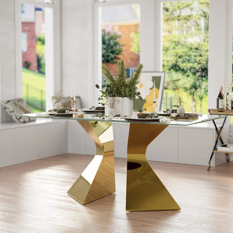 Table de salle à manger en verre de 160 cm, table de salle à manger moderne pour 4-6 personnes avec plateau rectangulaire en verre trempé et pieds en métal