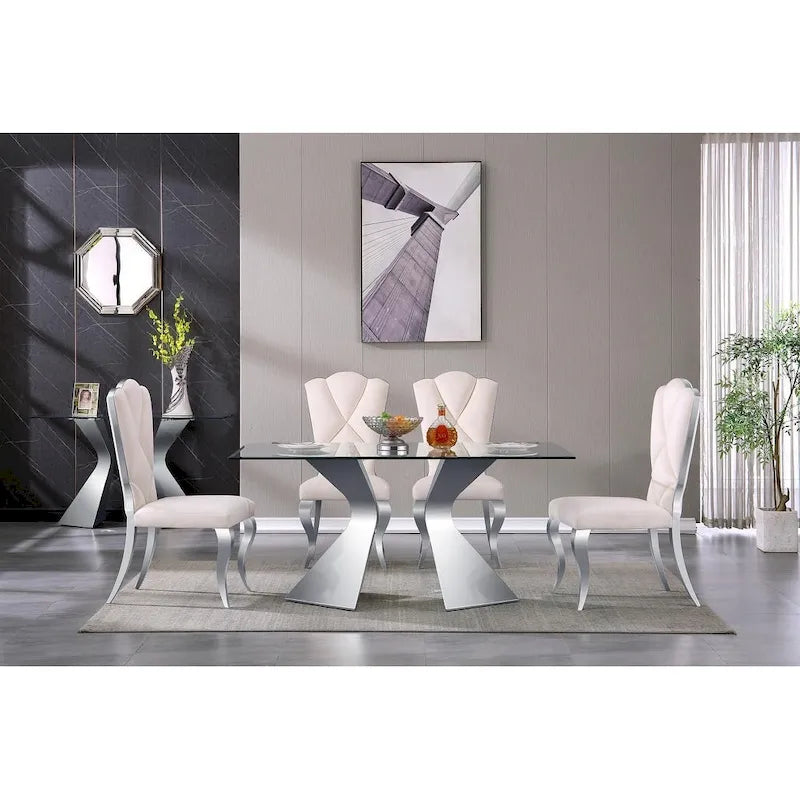 Table de salle à manger en verre de 160 cm, table de salle à manger moderne pour 4-6 personnes avec plateau rectangulaire en verre trempé et pieds en métal