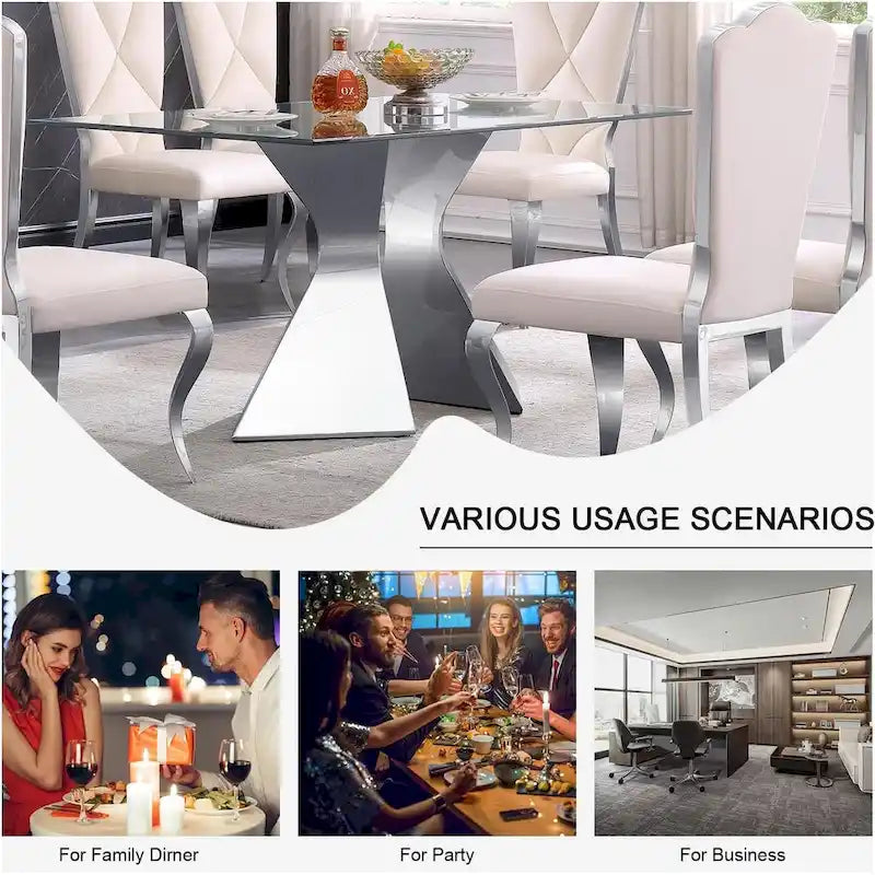 Table de salle à manger en verre de 160 cm, table de salle à manger moderne pour 4-6 personnes avec plateau rectangulaire en verre trempé et pieds en métal