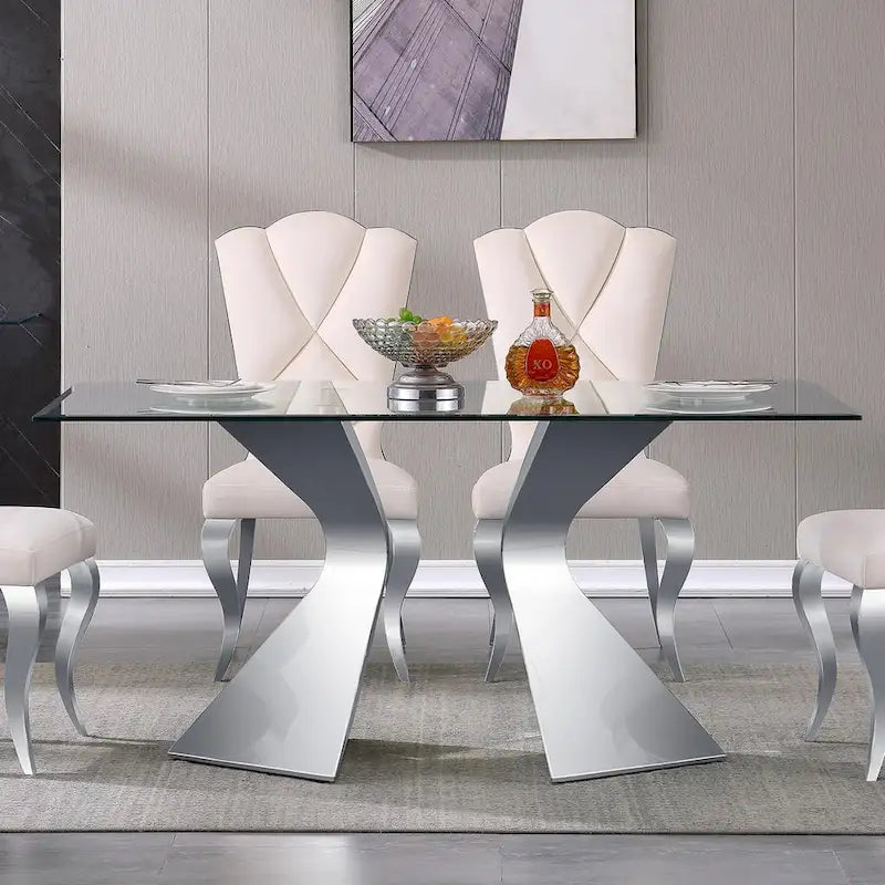 Table de salle à manger en verre de 160 cm, table de salle à manger moderne pour 4-6 personnes avec plateau rectangulaire en verre trempé et pieds en métal