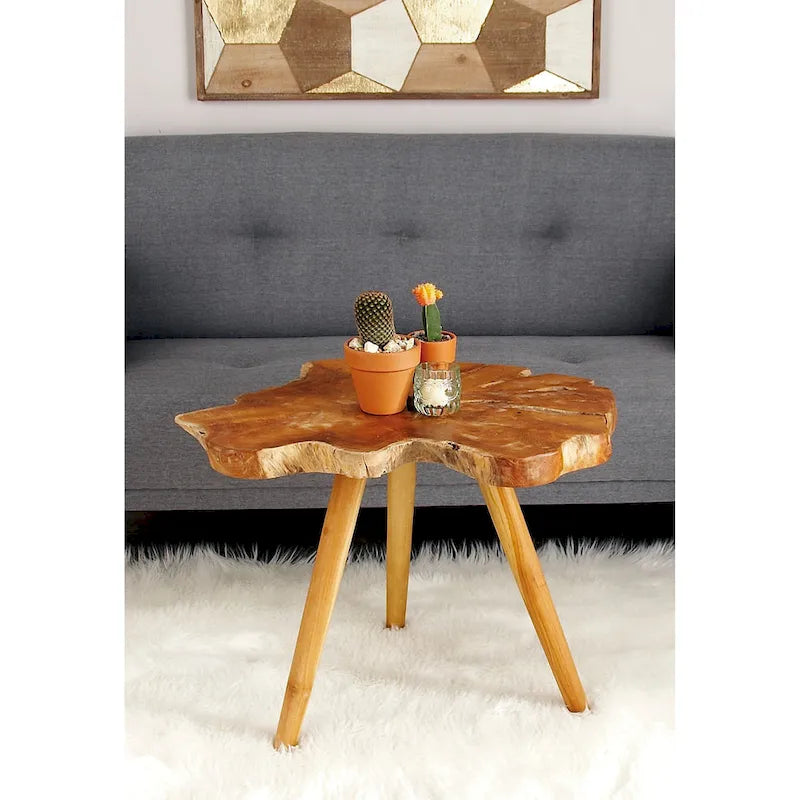 Table d'appoint fait main en bois de teck à bords irréguliers avec pieds trépieds - Marron - Roche River Decor - 25W x 27L x 20H