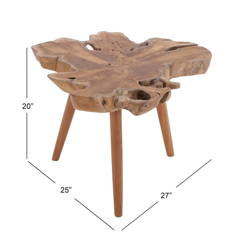 Table d'appoint fait main en bois de teck à bords irréguliers avec pieds trépieds - Marron - Roche River Decor - 25W x 27L x 20H