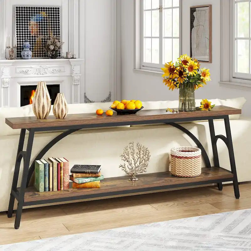 Table console extra longue de 70,8 pouces, tables de canapé étroites avec 2 étagères de rangement