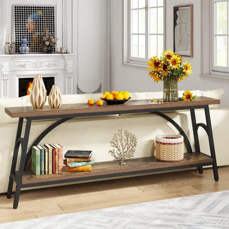 Table console extra longue de 70,8 pouces, tables de canapé étroites avec 2 étagères de rangement