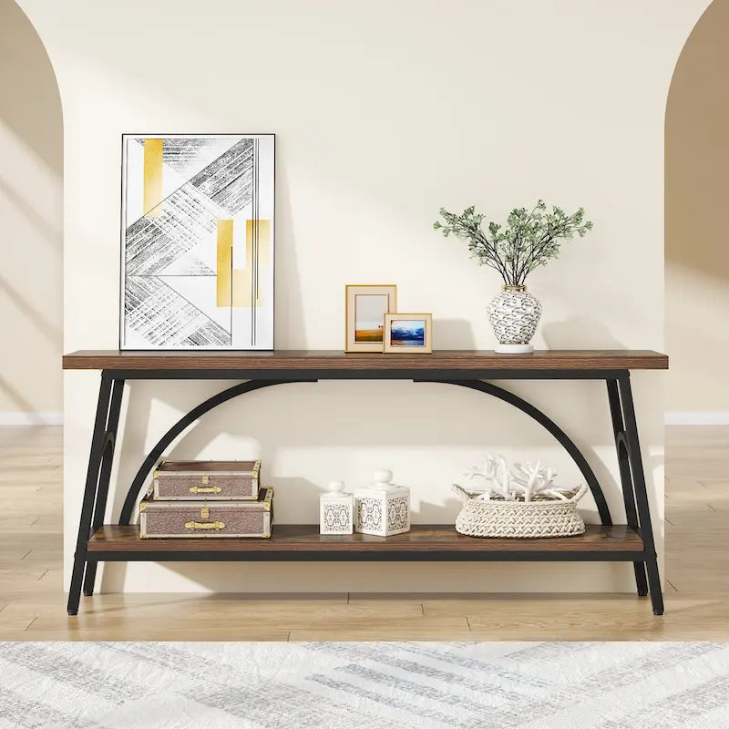 Table console extra longue de 70,8 pouces, tables de canapé étroites avec 2 étagères de rangement