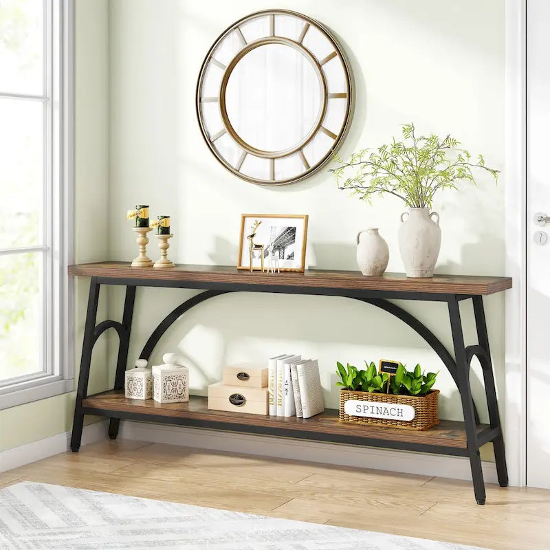 Table console extra longue de 70,8 pouces, tables de canapé étroites avec 2 étagères de rangement