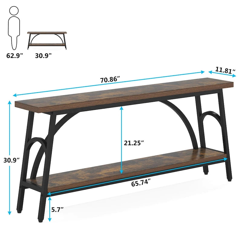 Table console extra longue de 70,8 pouces, tables de canapé étroites avec 2 étagères de rangement