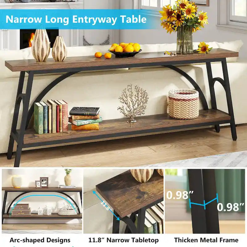 Table console extra longue de 70,8 pouces, tables de canapé étroites avec 2 étagères de rangement