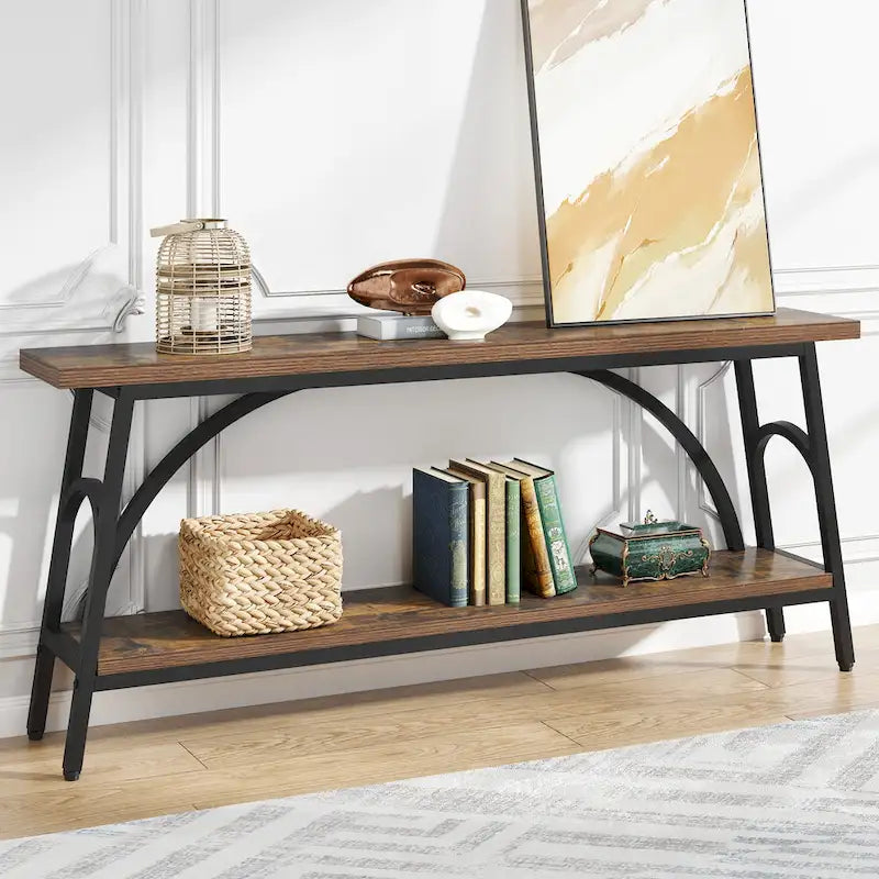Table console extra longue de 70,8 pouces, tables de canapé étroites avec 2 étagères de rangement