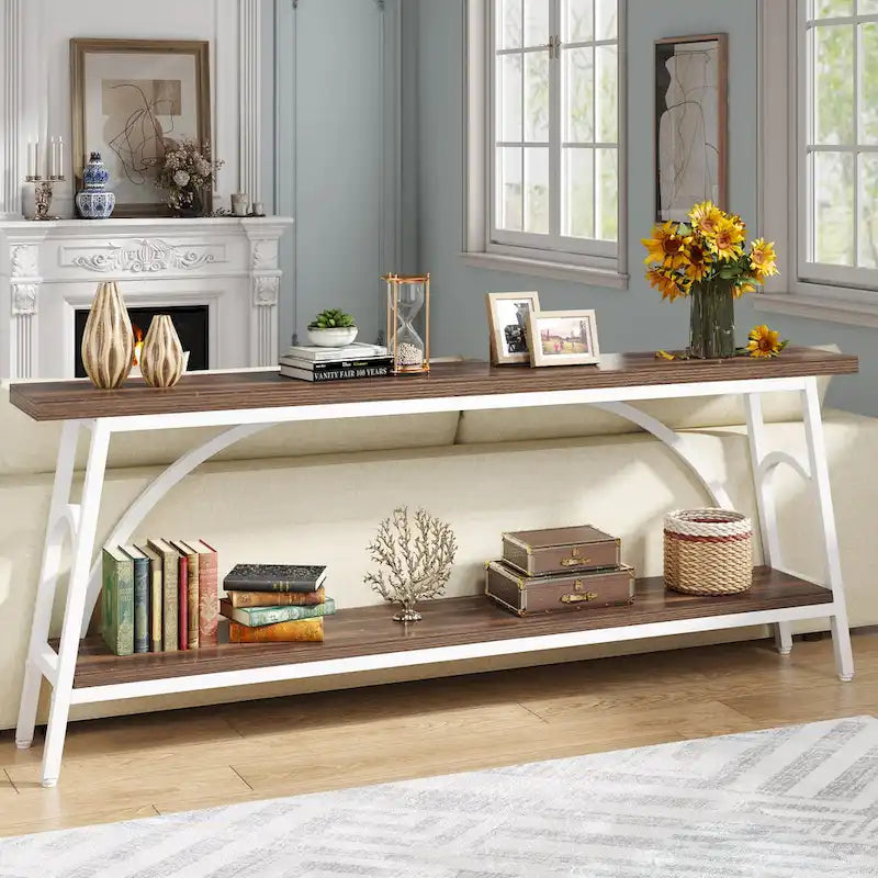 Table console extra longue de 70,8 pouces, tables de canapé étroites avec 2 étagères de rangement