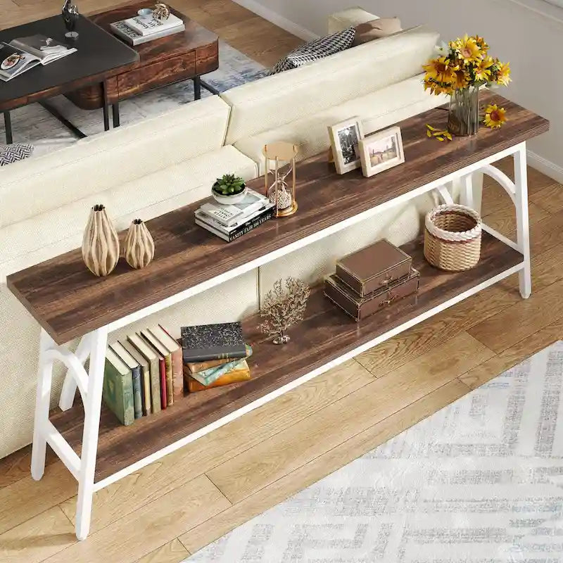 Table console extra longue de 70,8 pouces, tables de canapé étroites avec 2 étagères de rangement