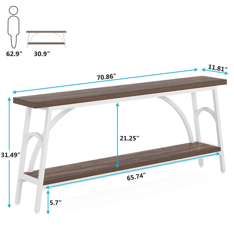 Table console extra longue de 70,8 pouces, tables de canapé étroites avec 2 étagères de rangement