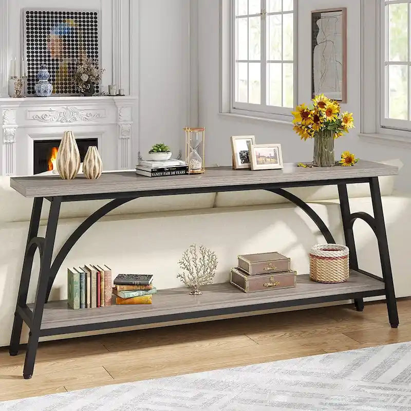 Table console extra longue de 70,8 pouces, tables de canapé étroites avec 2 étagères de rangement
