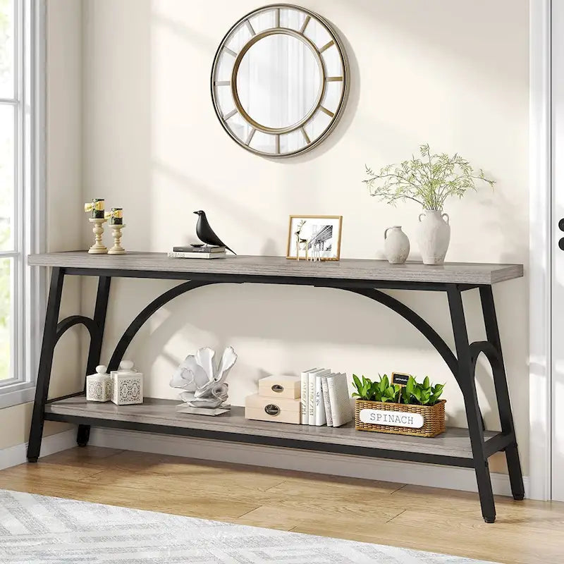 Table console extra longue de 70,8 pouces, tables de canapé étroites avec 2 étagères de rangement