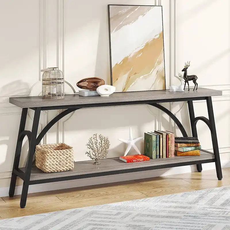Table console extra longue de 70,8 pouces, tables de canapé étroites avec 2 étagères de rangement