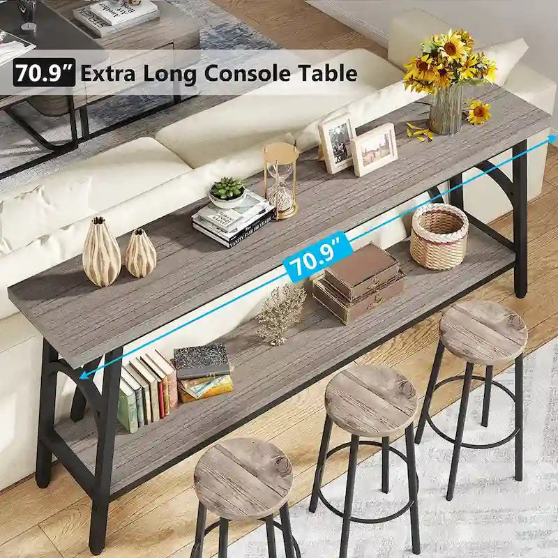 Table console extra longue de 70,8 pouces, tables de canapé étroites avec 2 étagères de rangement