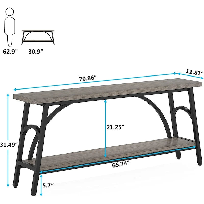 Table console extra longue de 70,8 pouces, tables de canapé étroites avec 2 étagères de rangement