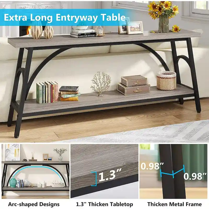 Table console extra longue de 70,8 pouces, tables de canapé étroites avec 2 étagères de rangement