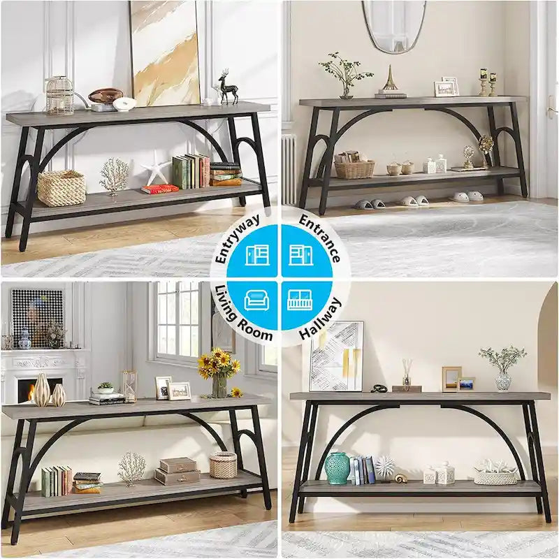 Table console extra longue de 70,8 pouces, tables de canapé étroites avec 2 étagères de rangement