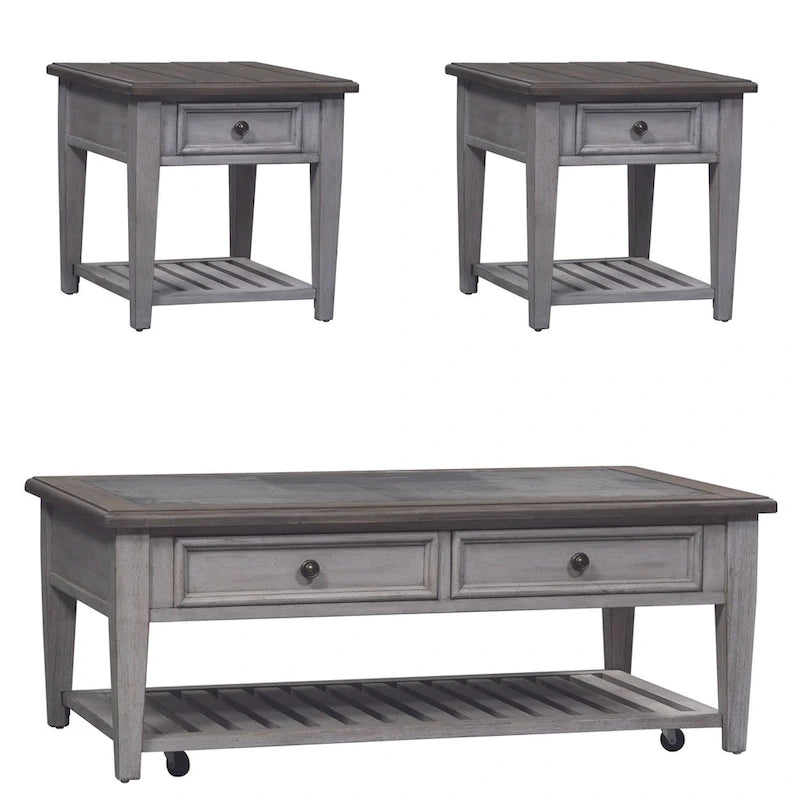 Ensemble de table de salon Heartland Antique White 3 pièces avec table basse et tables d'appoint