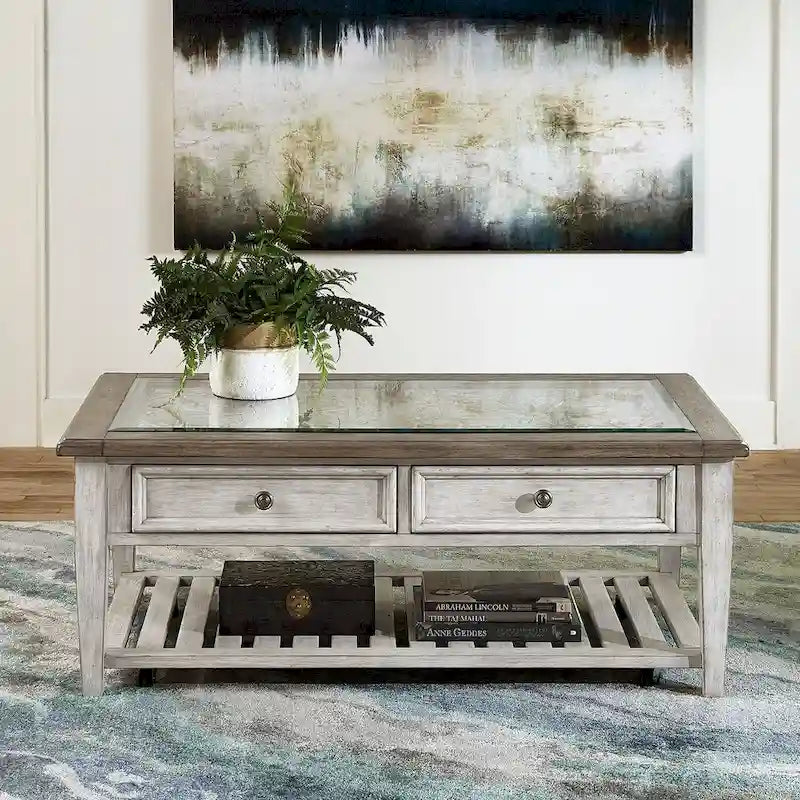 Ensemble de table de salon Heartland Antique White 3 pièces avec table basse et tables d'appoint